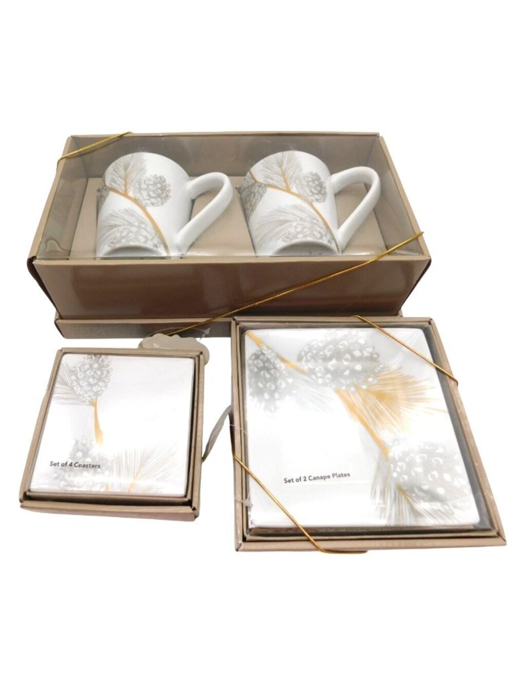 St Nicholas Square Mug Canape Plate Coaster Set White Silver Gold Pinecone Print